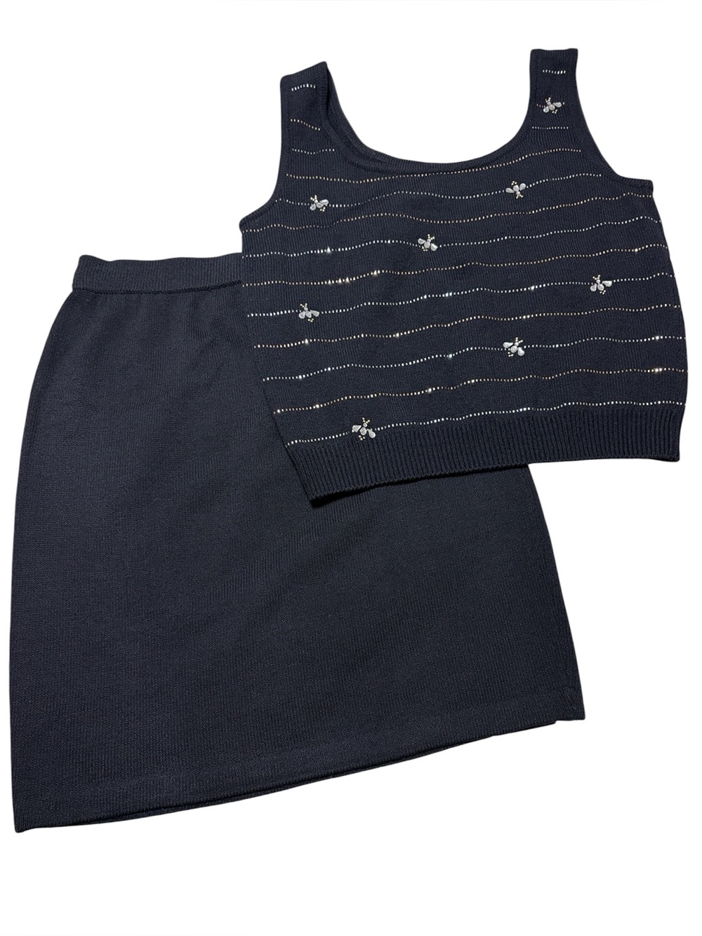 St. John Black Knit Embellished Tank & Skirt Set